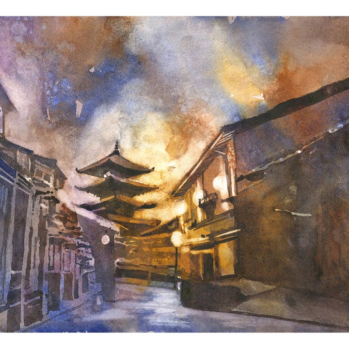 Hōkan-ji-templet (Yasaka-pagoden) i Kyoto Japan buddhistisk pagod historiskt monument färgglad akvarellmålning japansk väggdekoration reseväsentligheter (original) för wholesale av Ryan Fox Fine Art