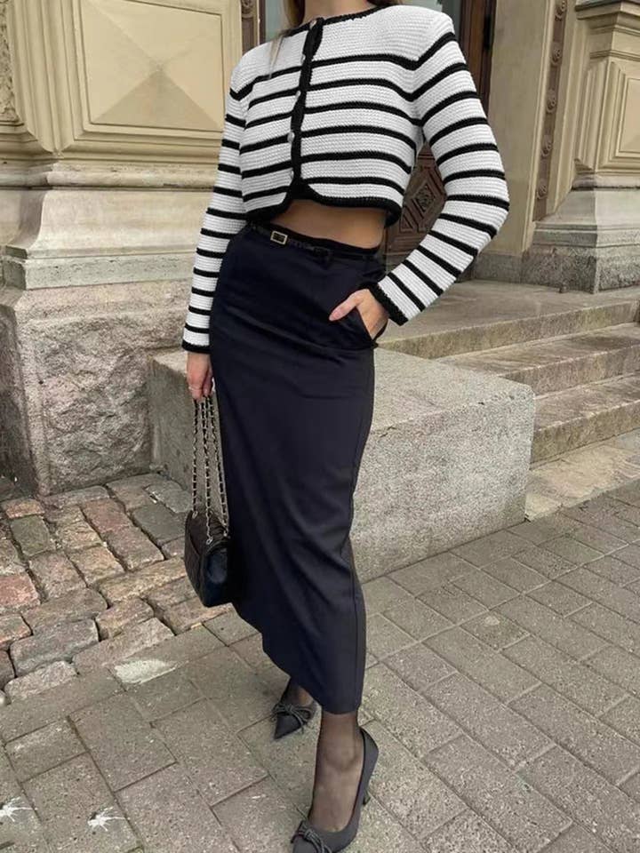 Lark & Lily Boutique - Wholesale Cardigan - Women's - Round Neck Striped Buckle Cardigan