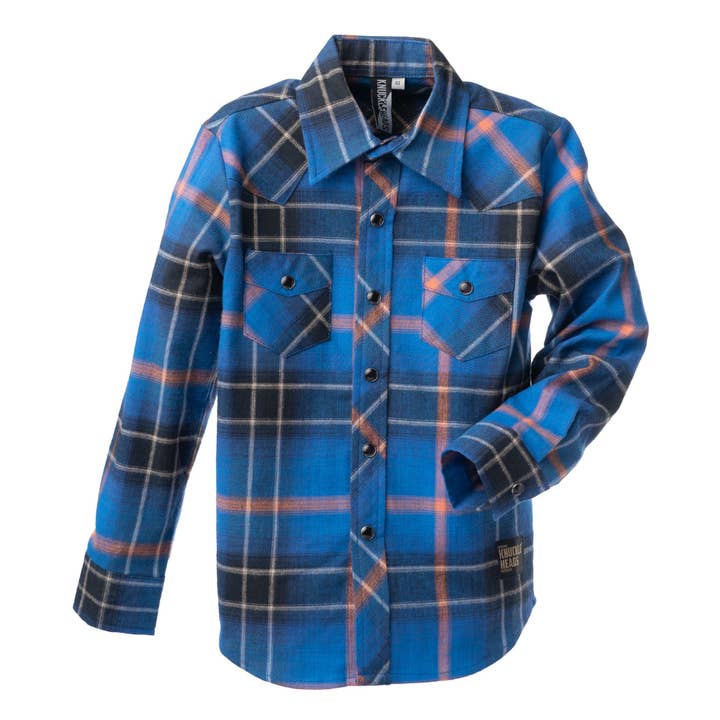 Chemise à carreaux rockabilly à manches longues en flanelle Highland bleue Knuckleheads pour la vente par Knuckleheads Clothing