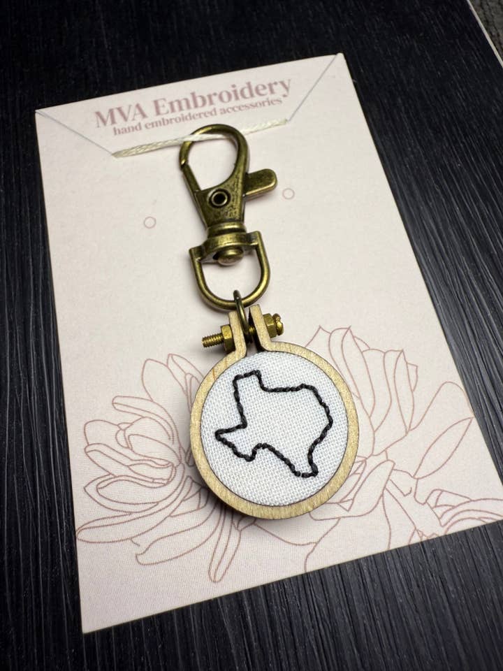 Hand Embroidered State Outline Keychain | Bag Charm for wholesale by MVA Embroidery