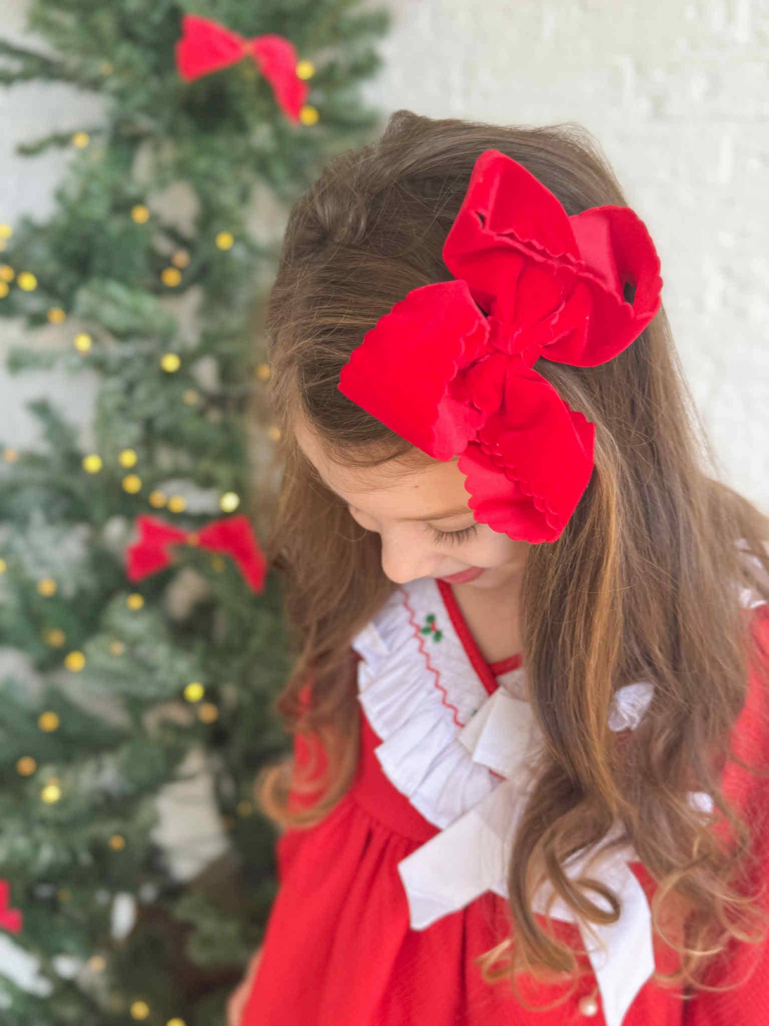 Just For Fun Threads - Wholesale Hair Bow - Kids - Holly Red Velvet Scallop Bows7