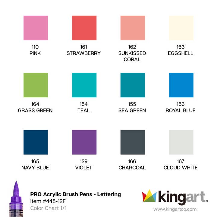 KINGART – wholesale Marker – Acrylic Paint Brush Tip Pens - 12 Lettering Colors3