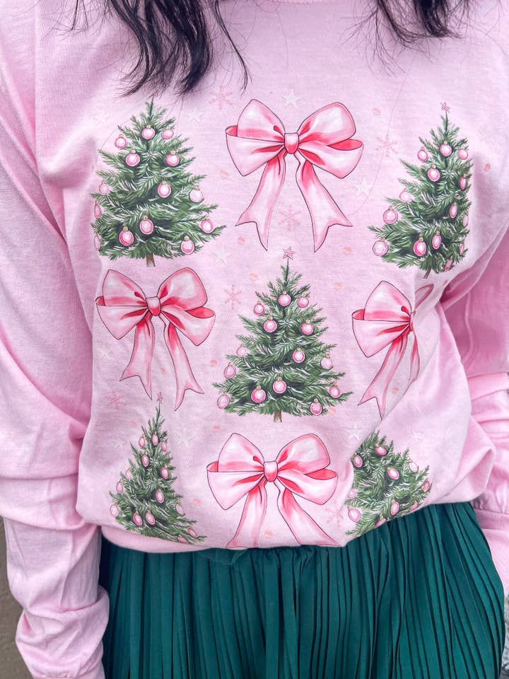 Southern Babe Wholesale - Wholesale Graphic Sweatshirt - Women's - PINK CHRISTMAS TREE BOWS LONG SLEEVE (BLOSSOM)
