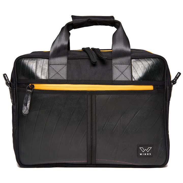 Wings Elegant Eagle - robuste und stabile 17-Zoll-Laptoptasche aus Autoreifen - mit gelben Reißverschlüssen für den Großhandel von Meezy