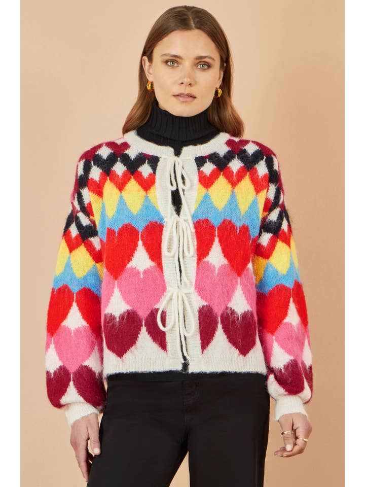Multi Yumi Multicolour Tie Front Heart Intarsia Cardigan for wholesale on Faire1