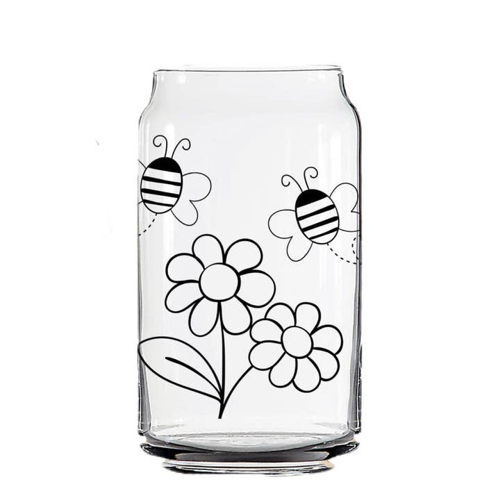 Tasse en verre Honey Bees avec paille transparente et couvercle en bambou pour la vente par Smile Graphics and Design