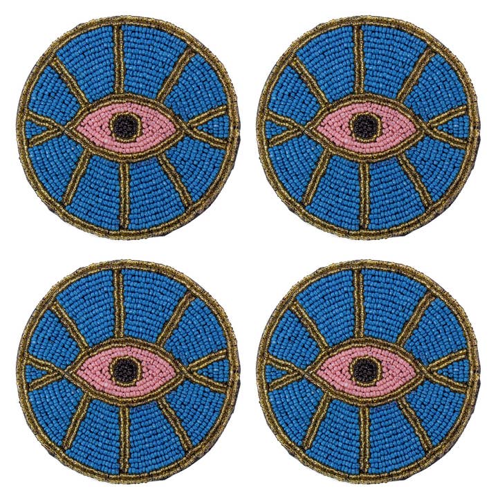 Blue Evil Eye Beaded Coasters, Set of 4 for wholesale by Global Crafts