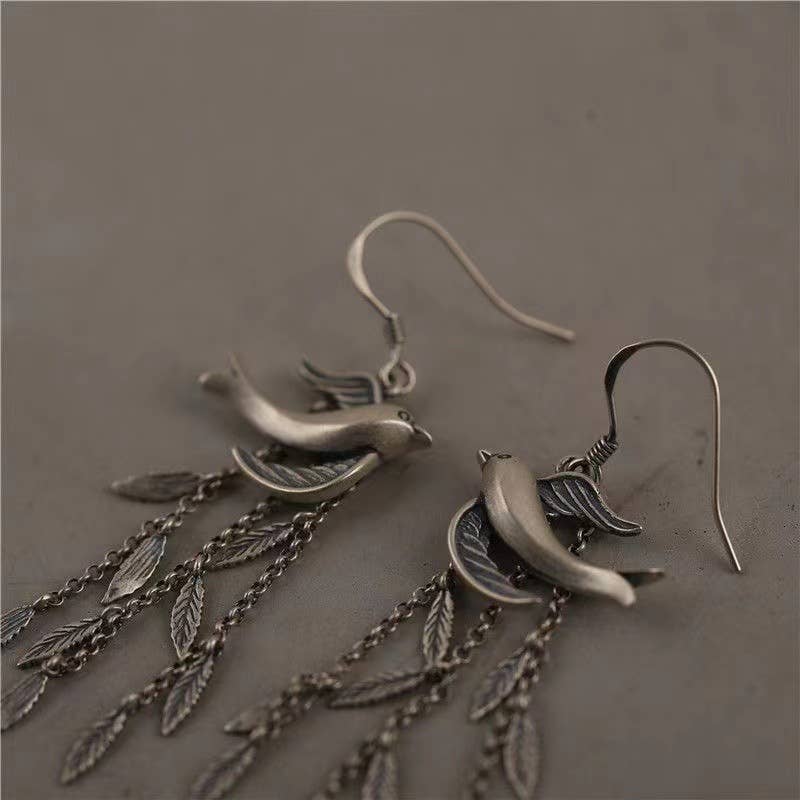 Silver Willow Leaf Swallow Tassel Long Earrings for wholesale on Faire2