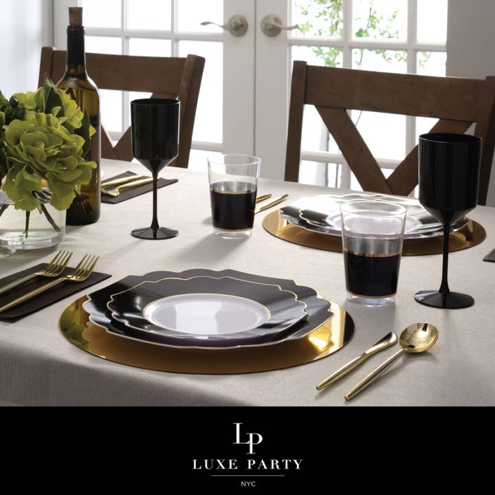 Luxe Party - Wholesale Disposable Plate - Scalloped Black • Gold Plastic Plates | 10 Pack