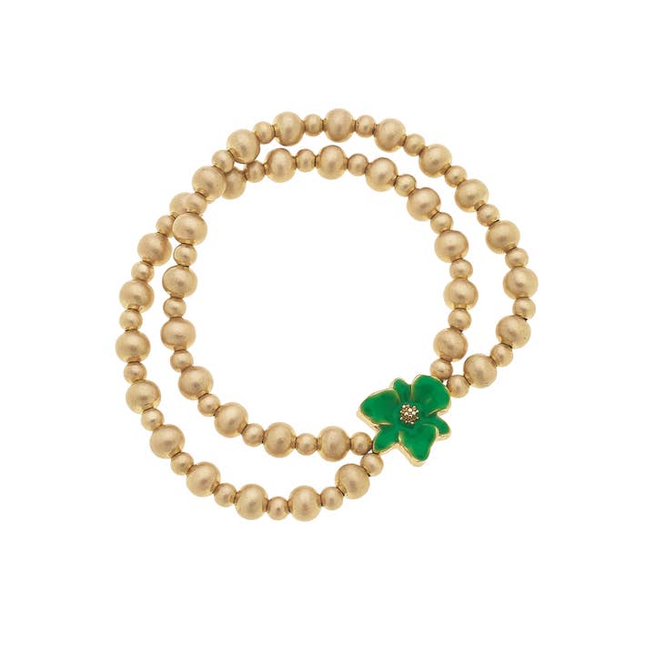 Canvas Style - Wholesale Beaded Bracelet - Valentina 2-Row Enamel Flower & Ball Bead Stretch Bracelet
