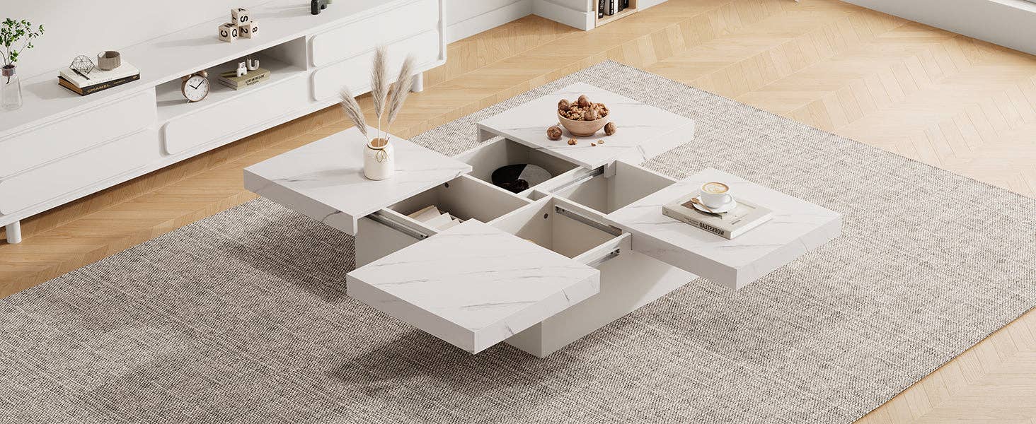 Urban Meuble - Wholesale Side Table - Modern white square coffee table with marble effect, 4 drawers, sliding top 90x90x25cm KHEKRIED11