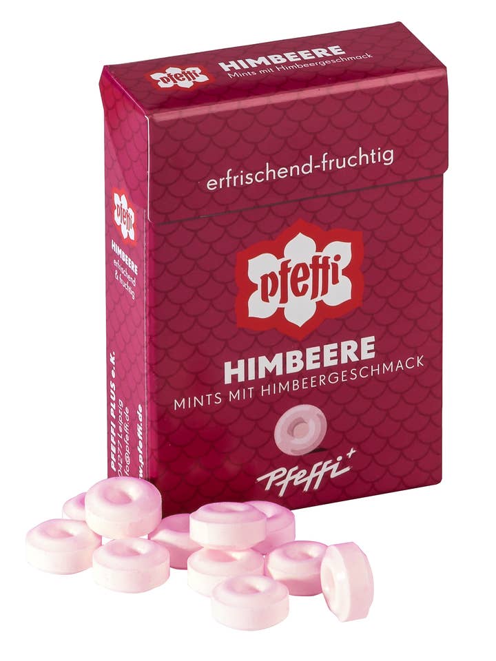 Pfeffi peppermint candies mints. Raspberry 35g Flip Top Box for wholesale by Pit Hoffmann GmbH & Co.KG