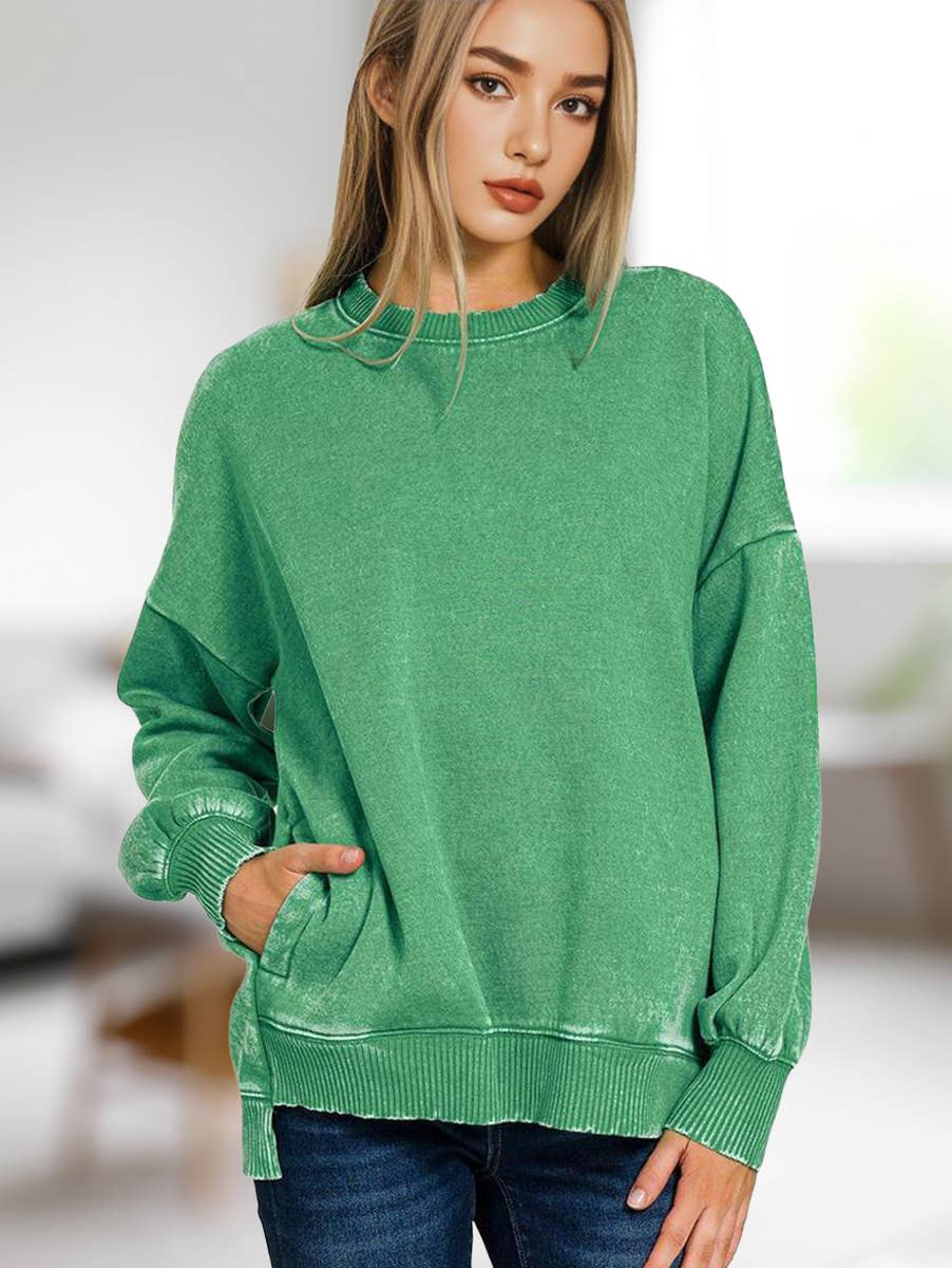 42POPS – Sweatshirt - Mulher por atacado – Pulôver de Fleece com Lavagem Ácida e Bainha Assimétrica com Bolsos SI-249802