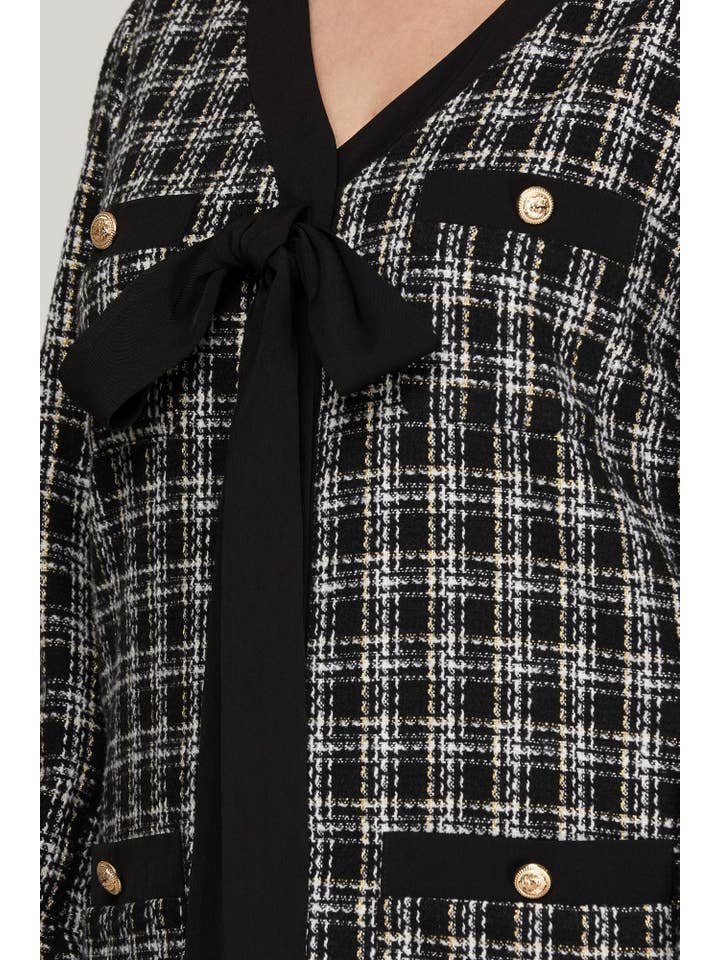 Peace Love Line - Wholesale Dress - Women's - PL4656 PLUS - BUTTON DOWN CONTRAST BOW TWEED DRESS