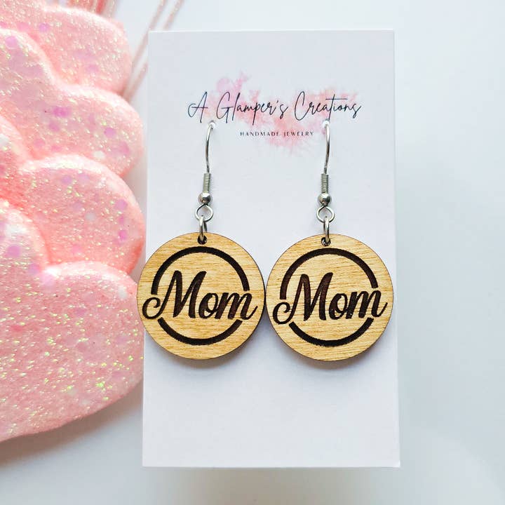Mother's Day Wooden Circle Earrings - Mom for wholesale by A Glamper's Creations LLC