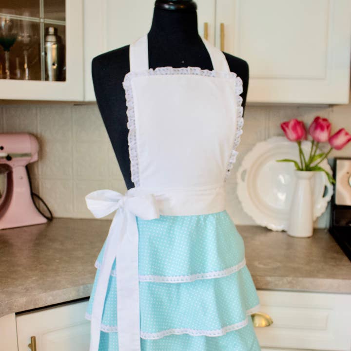 Sugar baby Aprons - Wholesale Apron - Sexy Ruffle Apron in Teal dots