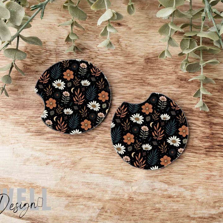 Dark Floral Car Coasters Set of 2 for wholesale by BidwellbyDesign