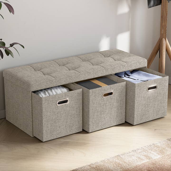 Ornavo Home – wholesale Ottoman – Vikbar tuftad linnebänk förvaring ottoman med 3 lådor