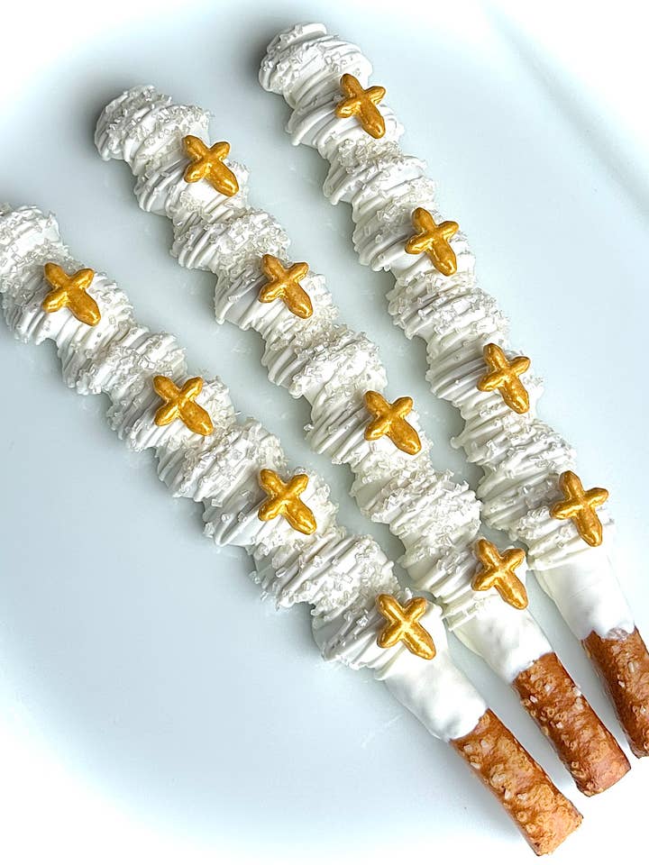 Cross White Chocolate Covered Caramel Pretzels for wholesale by Delightful Chocolates