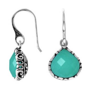 AE-6148-CH.G Sterling Silver Green Chalcedony Quartz Teardrop Carved Side Drop Earrings for wholesale by Bali Designs