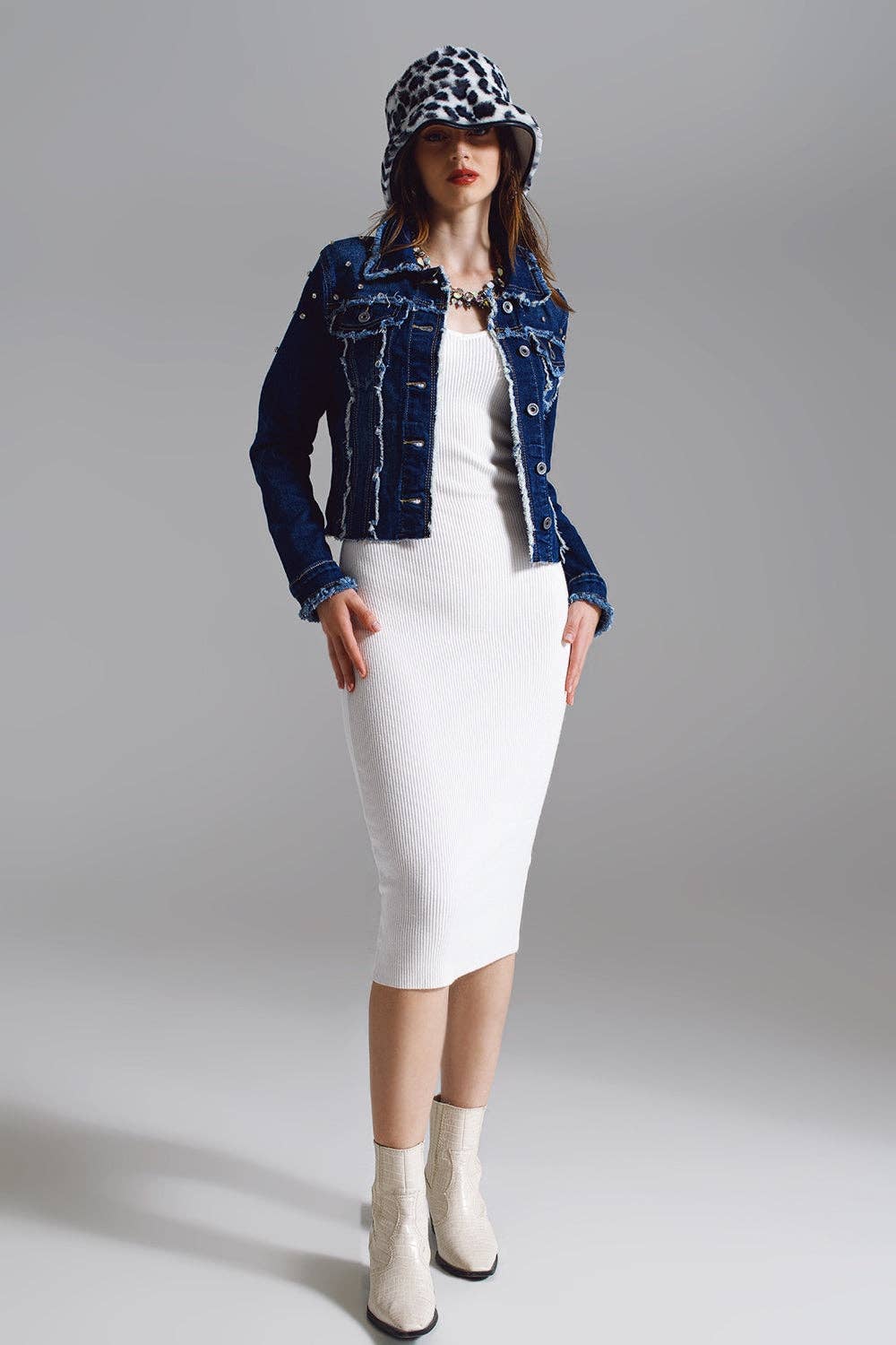 Blue Denim jacket with frayed and embroidered details in Midwash for wholesale on Faire2