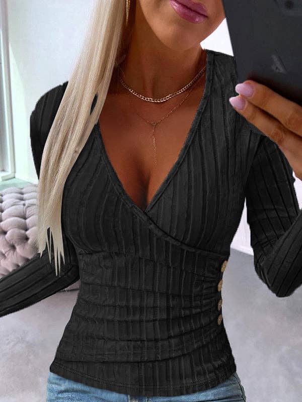 UZ Wholesale Store - Wholesale Knit Top - Women's - Long Sleeves Skinny Buttoned Deep V-Neck T-Shirts Tops1