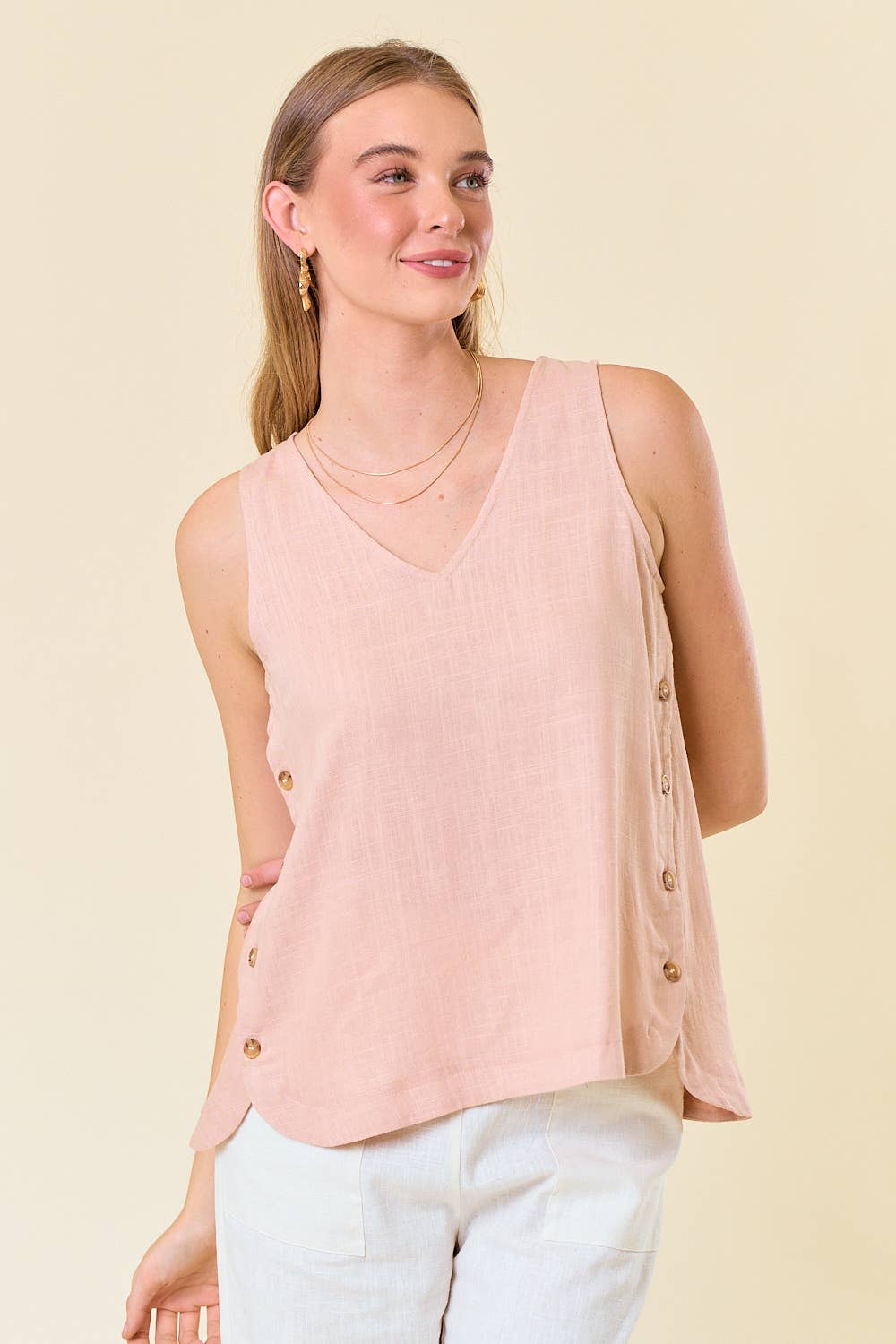 Peach Blush Double V-neck Top With Side Placket - 40573T for wholesale on Faire2