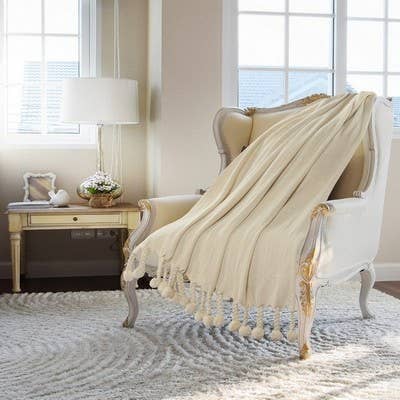 Cream Embroidered Chevron with Braided Fringe Throw Blanket for wholesale on Faire