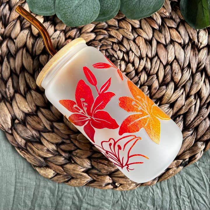 Sunset Lilly 16oz Glass Can Cup with Bamboo Lid for wholesale by She’s Called Boutique