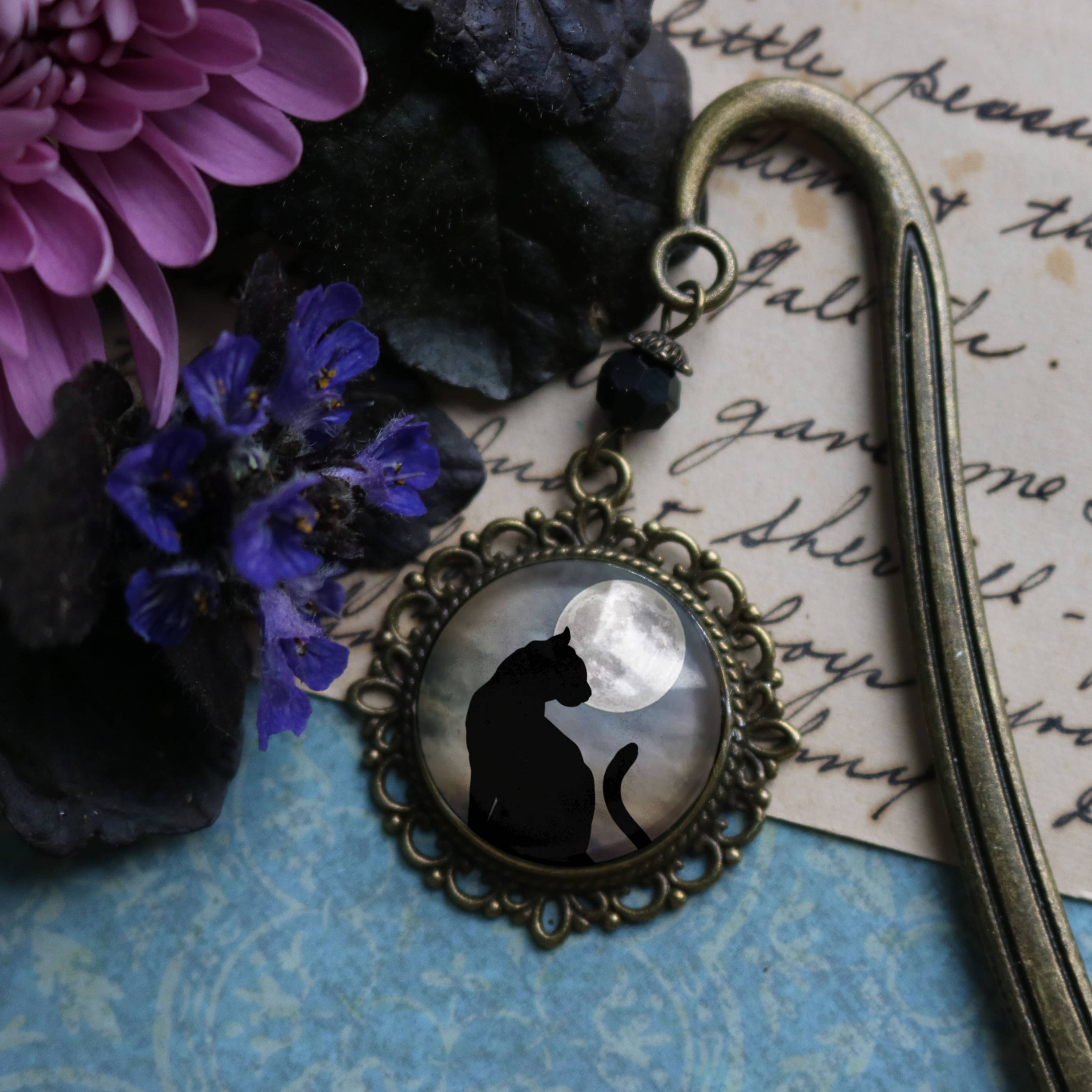 The Divine Iguana - Wholesale Bookmark - Black Cat on Full Moon Goth Halloween Bronze Bookmark1