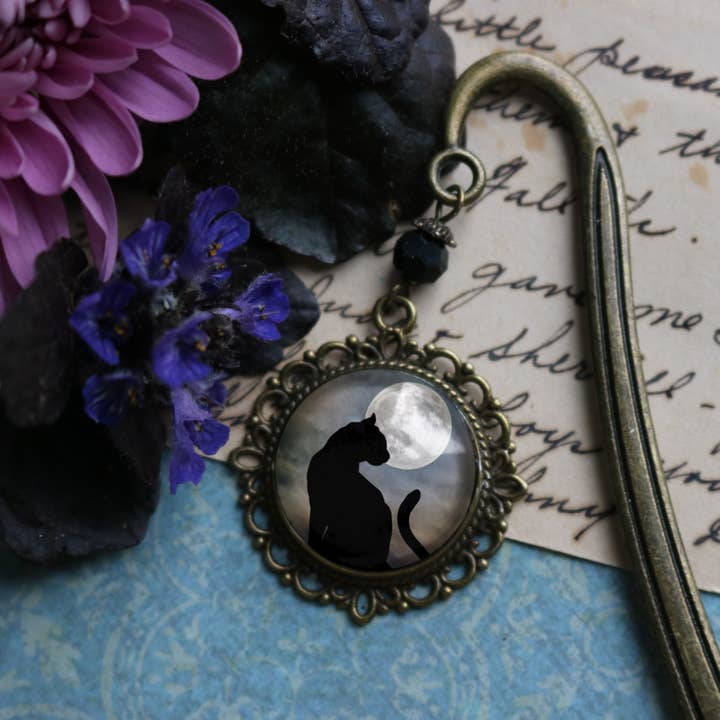 The Divine Iguana - Wholesale Bookmark - Black Cat on Full Moon Goth Halloween Bronze Bookmark1