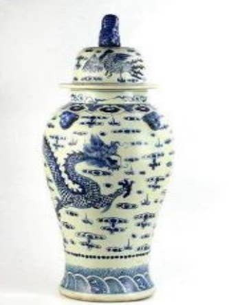 Ingefærkrukke Chinoiserie Blå og Hvid, Dragemotiv, Foo Hund for engroshandel hos The French Bee & Co