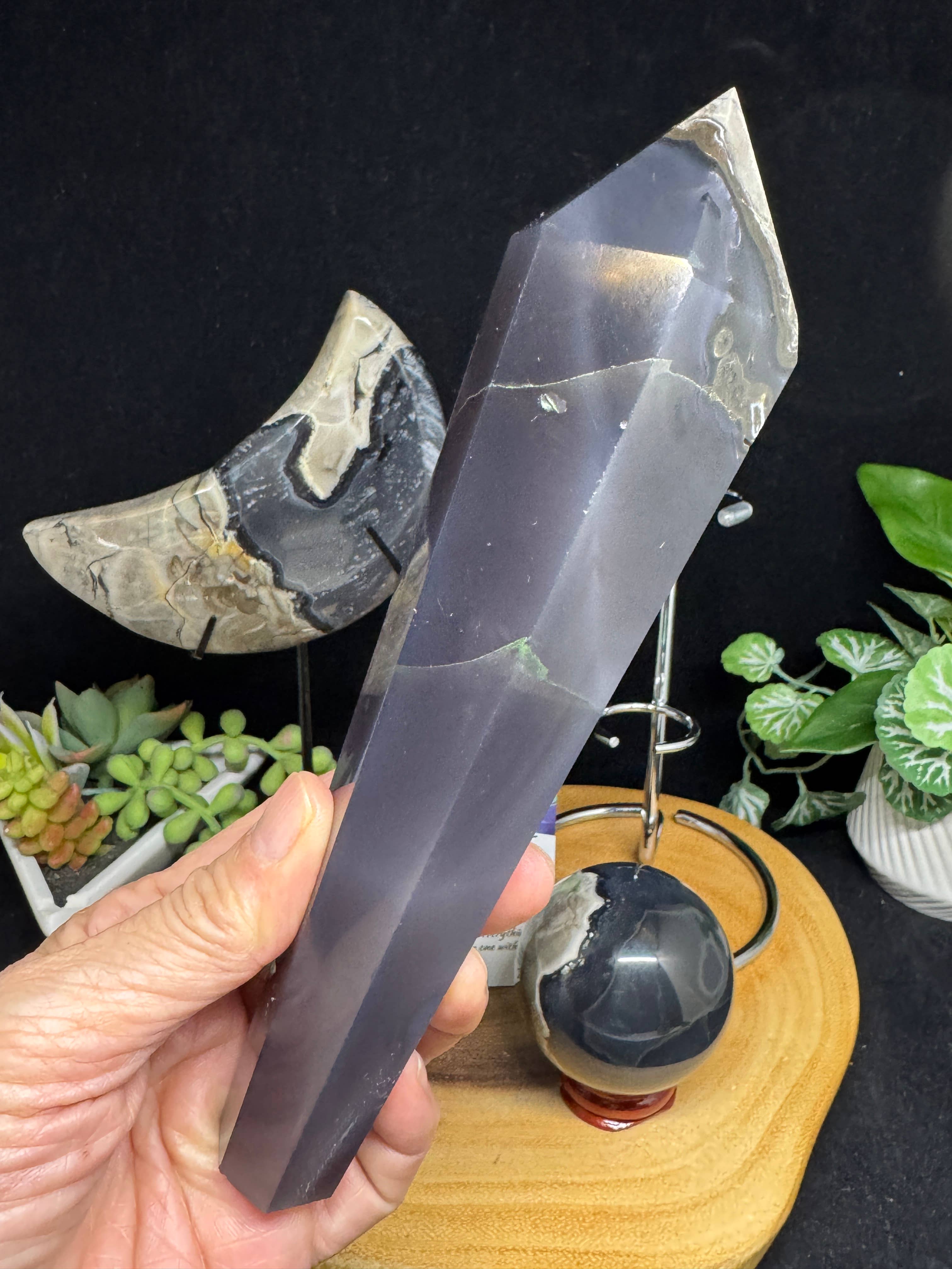 The 7 Directions - Wholesale Spiritual Stone/Crystal - 4 pc UV reactive Volcanic agate sphere wand moon bundle G7197