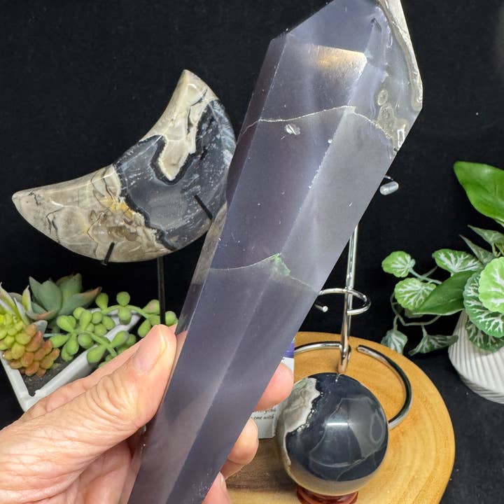 The 7 Directions - Wholesale Spiritual Stone/Crystal - 4 pc UV reactive Volcanic agate sphere wand moon bundle G7197