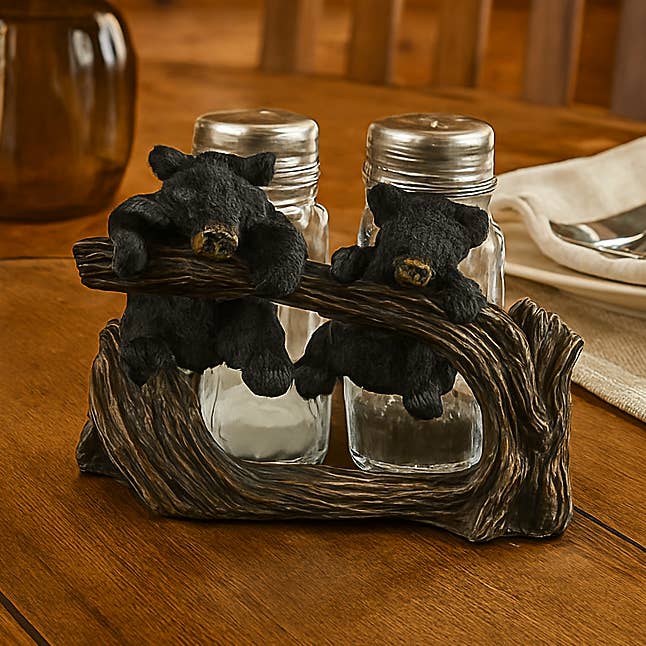 Bear Cub Playing on Branch Salt and Pepper Shaker Holder Set for wholesale by De Leon Collections