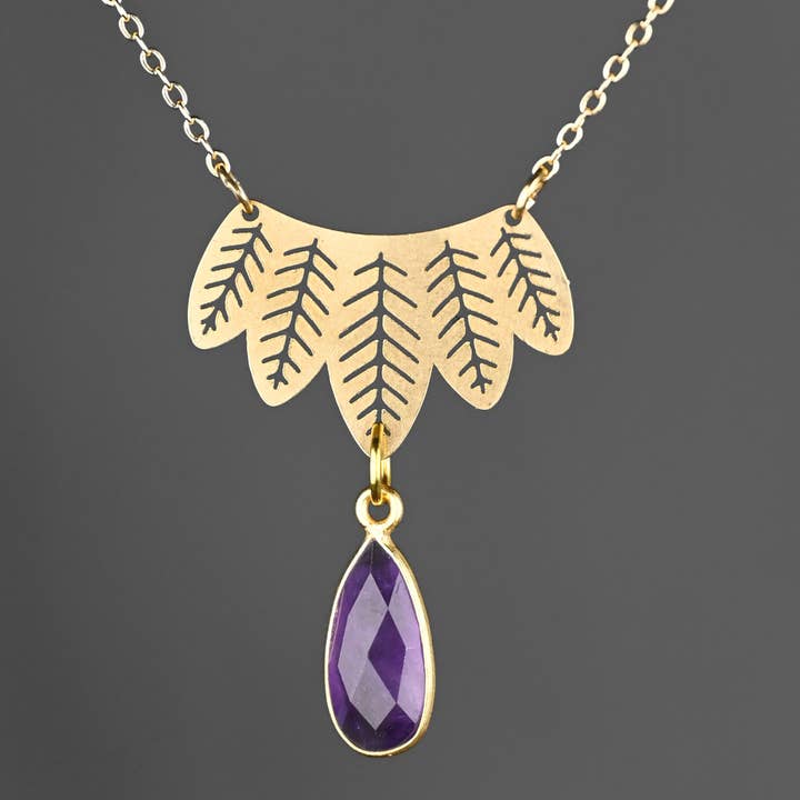 Delicate Leaf w/ Semi Precious Gemstone Tear Drop Necklace for wholesale by KBD Studio