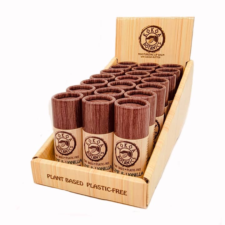 Présentoir à baume à lèvres pour vente au détail, imprimé écologique en bambou, 21 tubes pour la vente par Kokoa Botanics