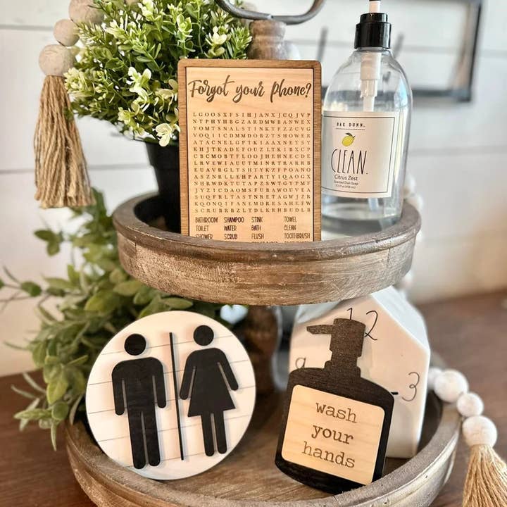 Walnut + Birch - Wholesale Bathroom Sign - Bathroom Tiered Tray Bundle - Farmhouse Decor