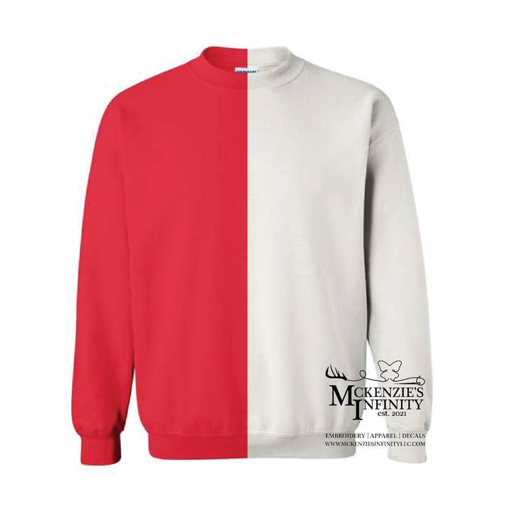 Rød & Hvid Delt Farvet, To-Tonet, Crewneck Sweatshirt for engroshandel hos McKenzie’s Infinity LLC