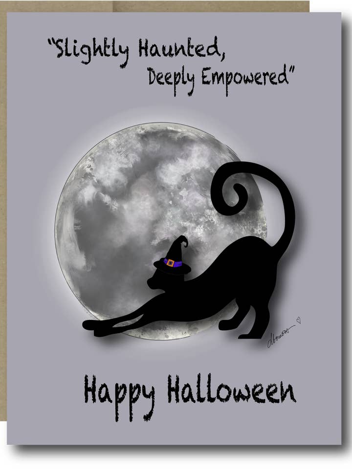 Empowering Halloween Card – A2 Black Cat Greeting Card with Full Moon and Witch Hat – Slightly Haunted, Deeply Empowered for wholesale by Color Crumbs Club