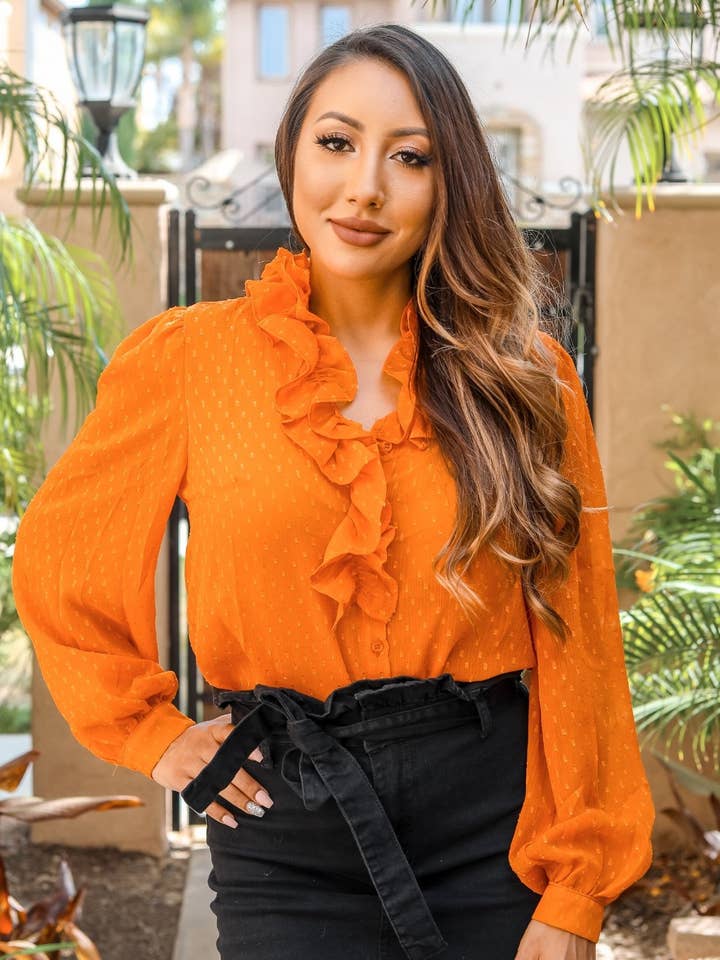 Ready 2 Ruffle Polka Dot Ruffle Detail Sheer Blouse for wholesale by SurelyMine