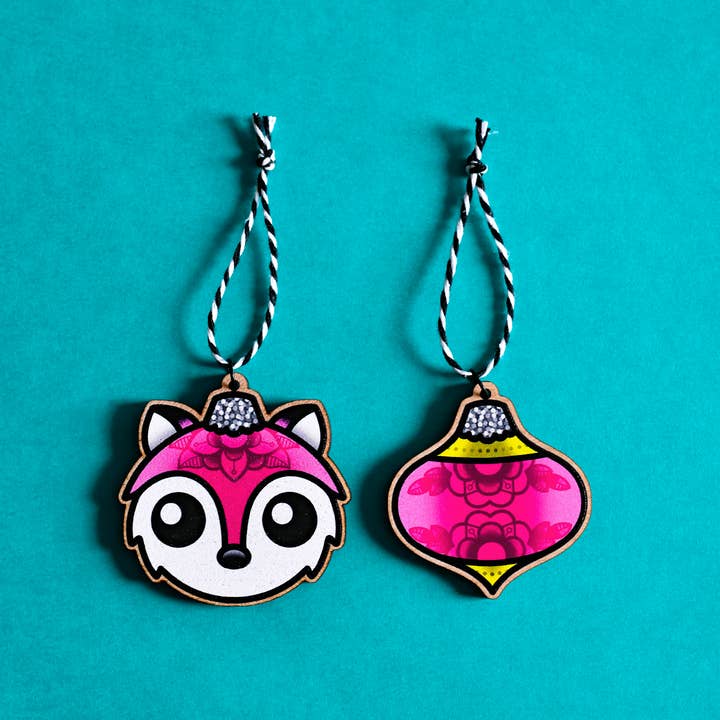 kawaii pink fox bauble wooden ornament set for wholesale by jesiiii