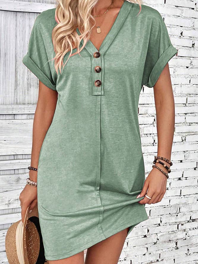 UNISHE - Wholesale Dress – Women's - Plain V Neck Buttoned Exposed Seam T-Shirt Dress AXR09513