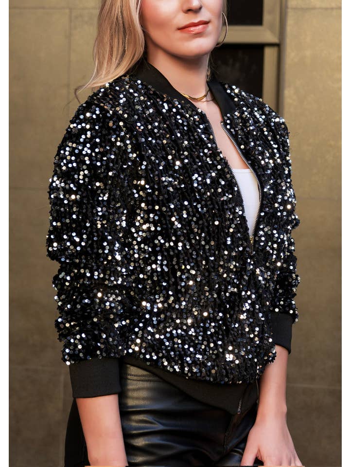 Anna Kaci Wholesale - Wholesale Jacket - Women's - Women's Sparkly Sequin Jacket Glitter Long Sleeves Front Zip