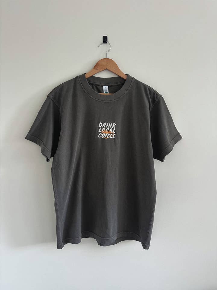 Relic96 - Wholesale Screen printed t-shirt â unisex - Drink Local Coffee T-Shirt - Dark Gray1