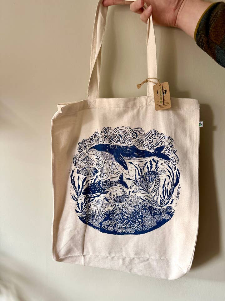 Saco de compras de luxo/ saco tote de RPET reciclado 'vida marinha' ecológico por atacado de LDMDesign