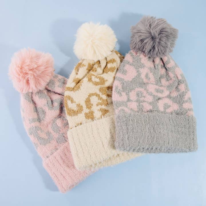 Collections by Fame Accessories - Wholesale Beanie - Women's - Leopard Print Fuzzy Pom Beanie2