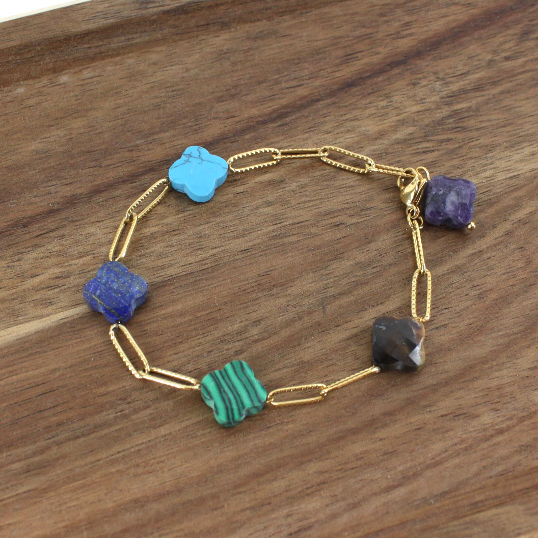 Pretty Persuasions - Vendita all'ingrosso Bracciali a catena e a maglie - B24045 Bracciale in acciaio inossidabile con 5 Clover Stone10