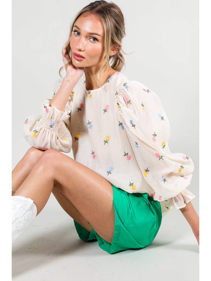 Vine & Love - Wholesale Blouse - Women's - Embroidered Long Puff Organza Blouse Top VT60375A12