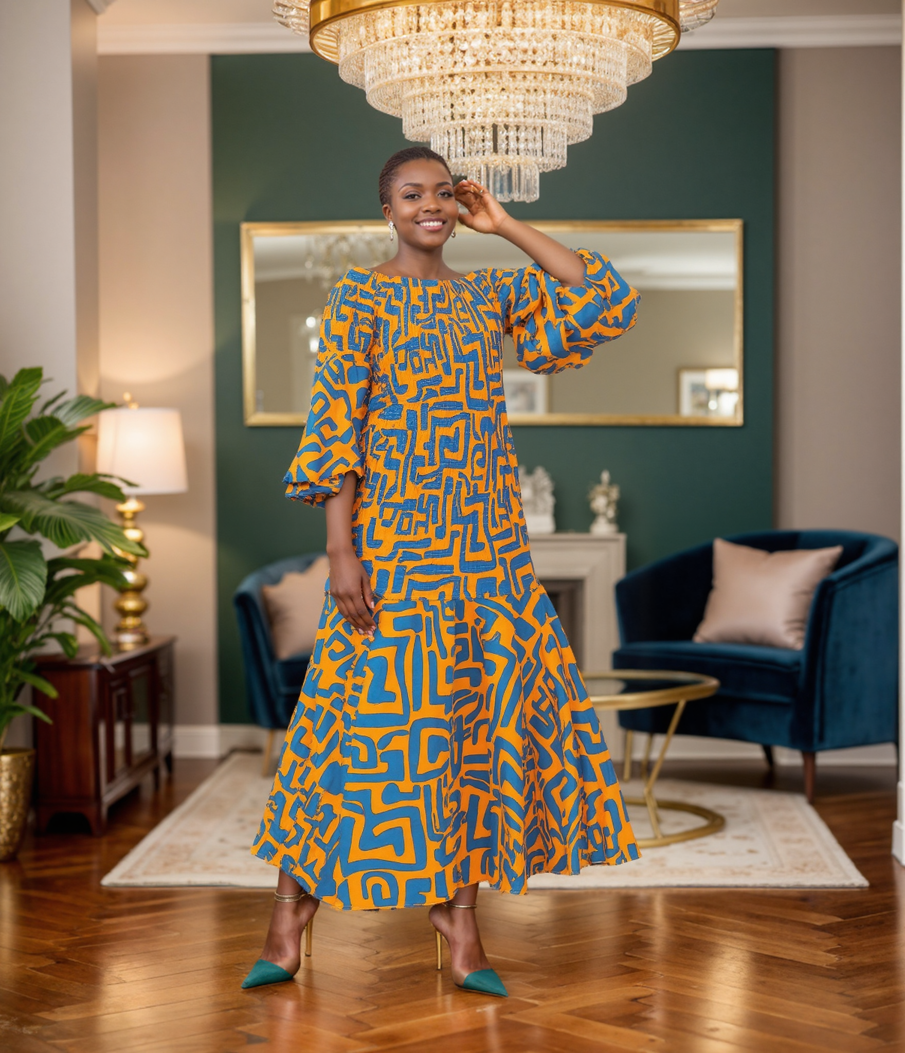 KaraChic - Wholesale Dress - Women's - Multi-Print African Off-Shoulder Sleeves African Dress 90082